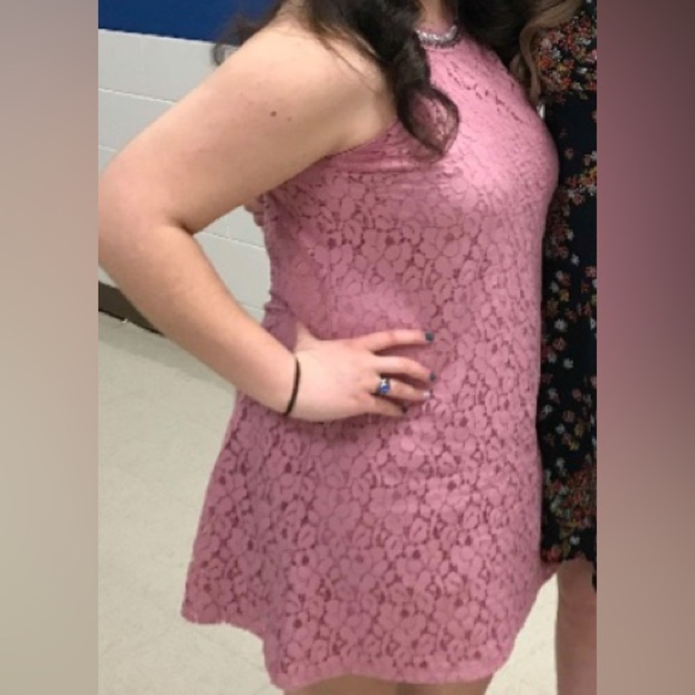 Candie’s pink dress with floral overlay